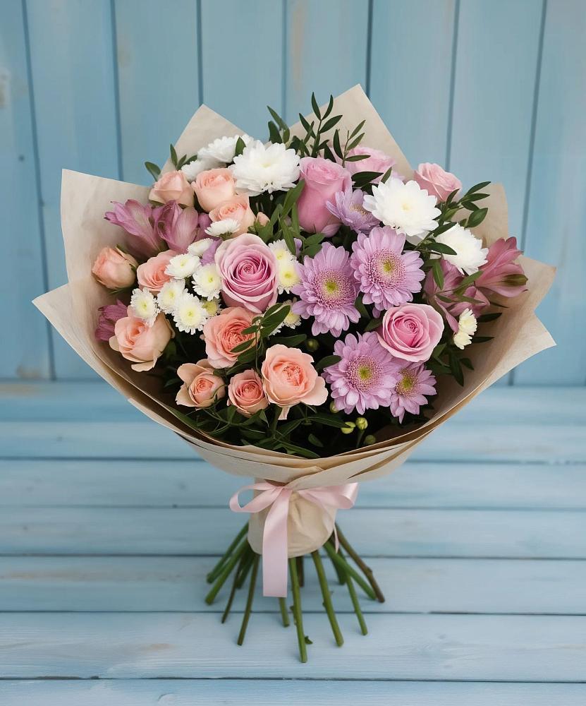 Букет цветов из: Хризантемы, Розы и Альстромерии в Чистеньком