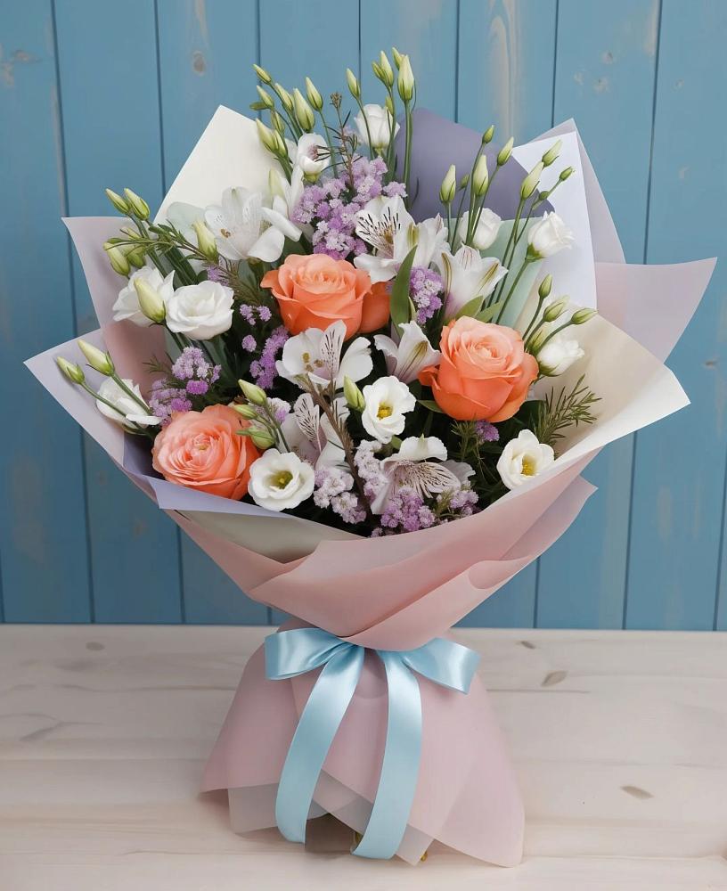 Букет цветов из: Лизиантусы, Розы, Альстромерии и Гипсофила в Чистеньком