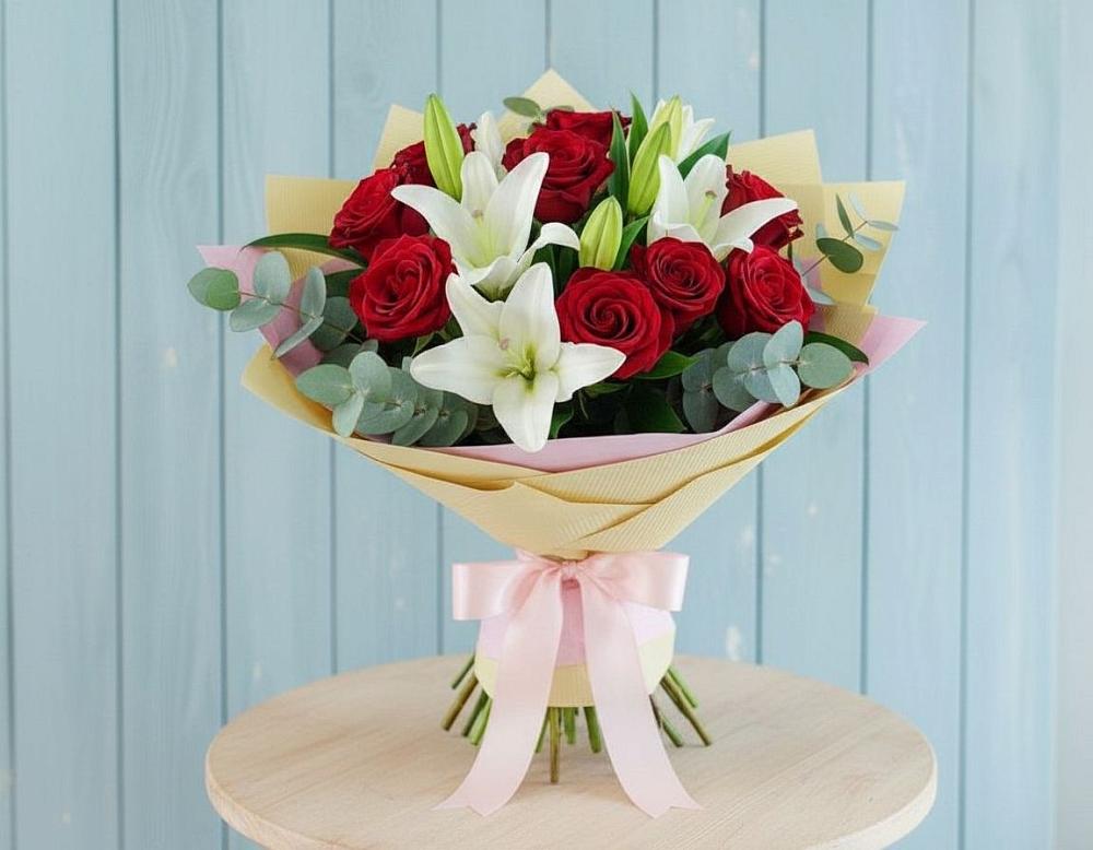 Букет цветов из: Лилии и Розы в Чистеньком