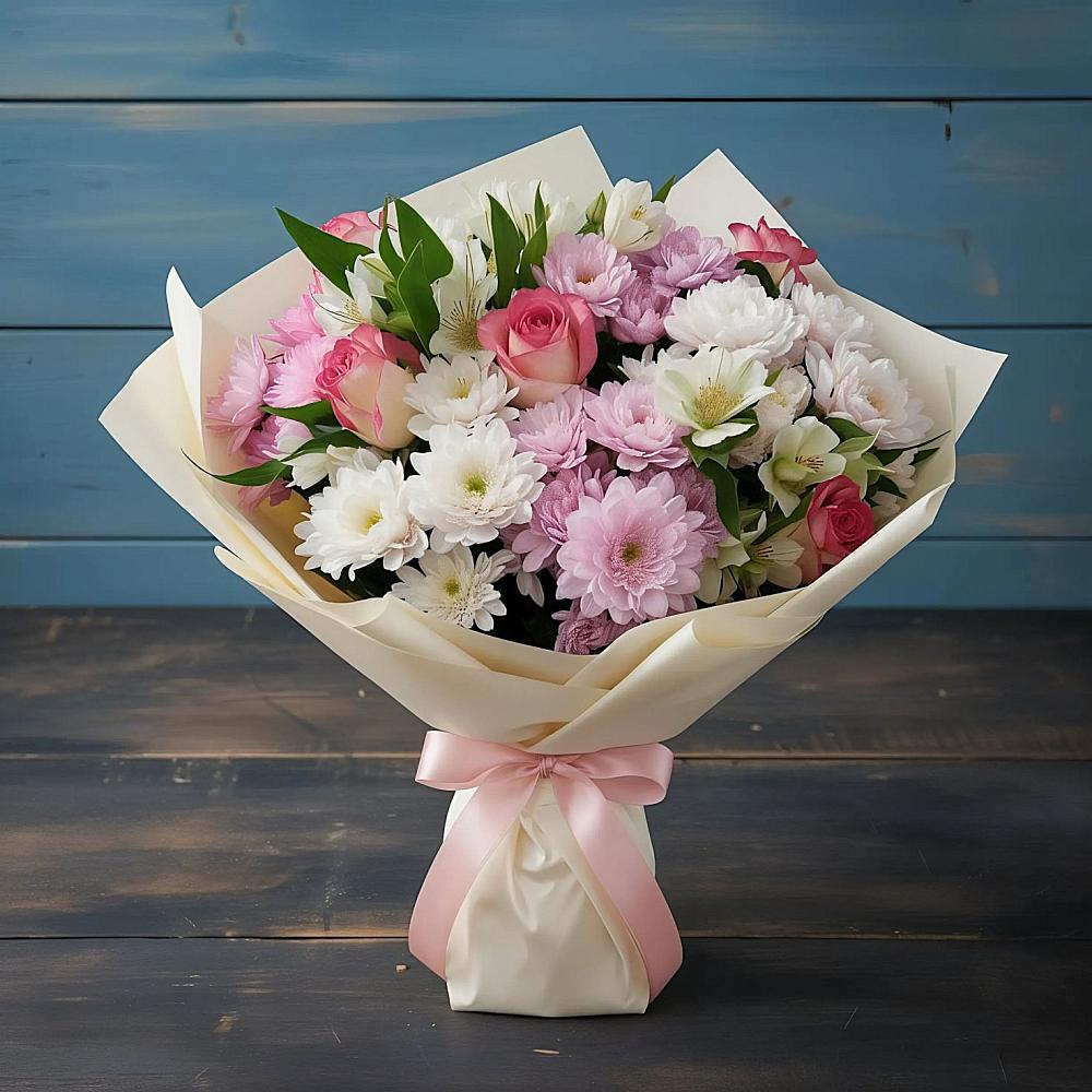 Букет цветов из: Хризантемы, Альстромерии и Розы в Чистеньком